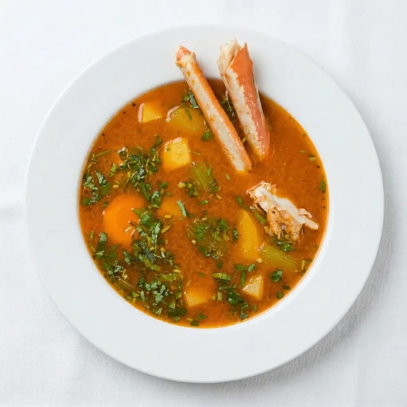 A white bowl of red crab soup with crab legs, potatoes, celery, and cilantro.