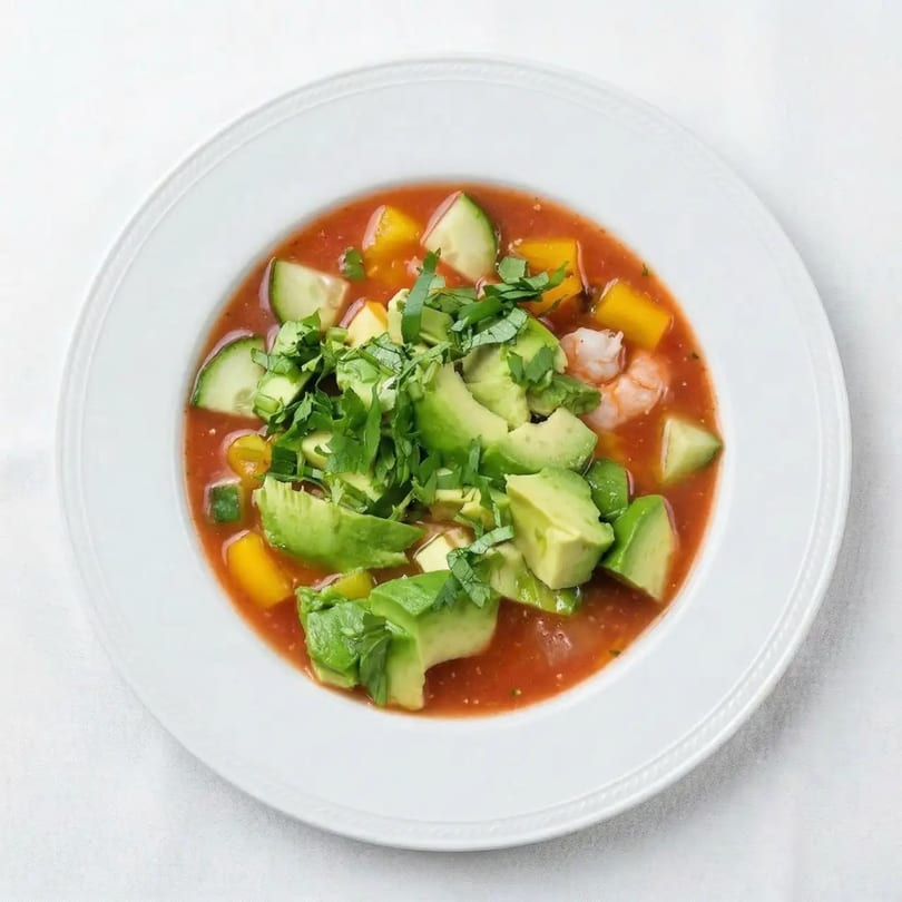A white bowl of gazpacho with avocado, cucumber, mango, and shrimp, garnished with cilantro.